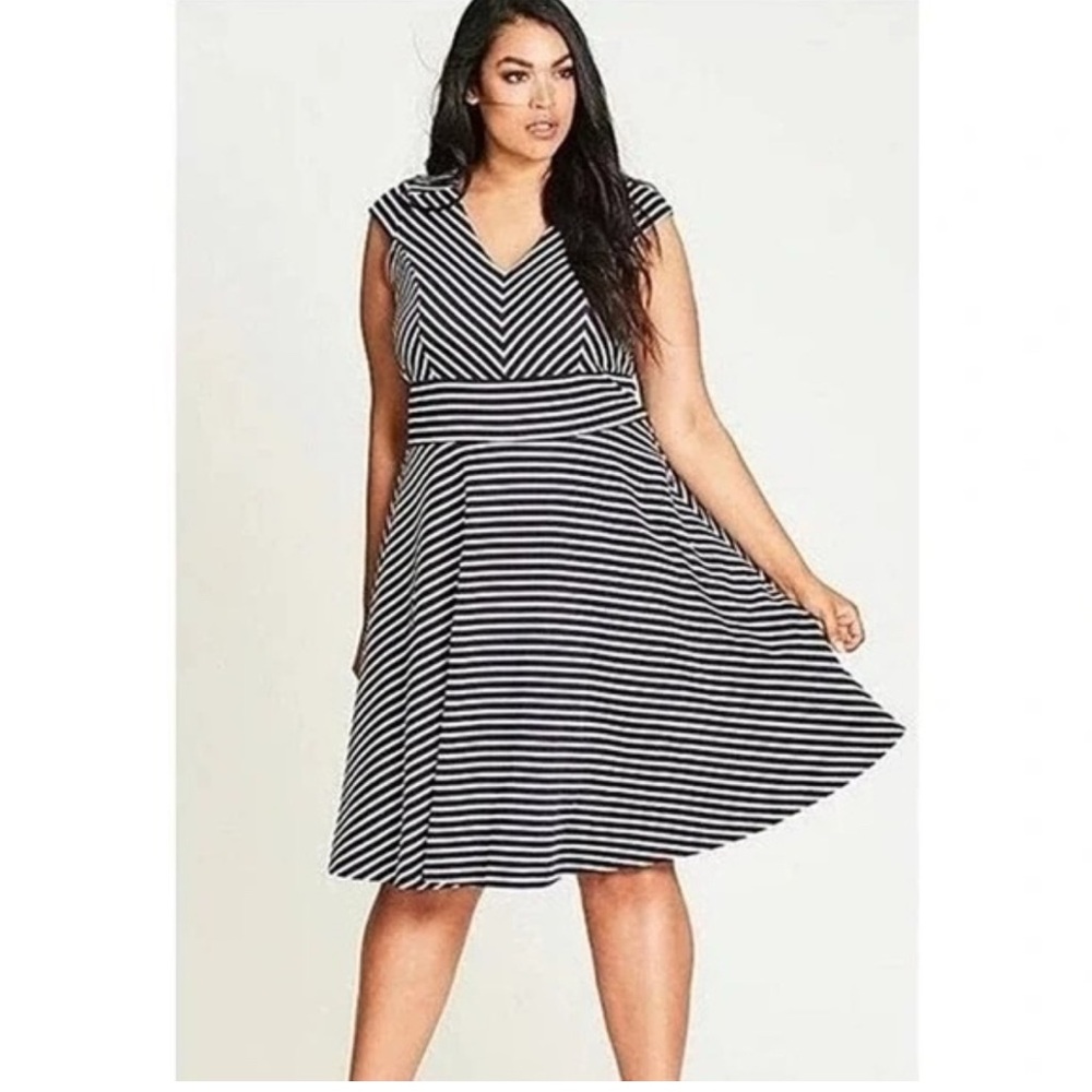 CITY CHIC | Black and White Striped Chevron Fit and Flare Dress Size M18